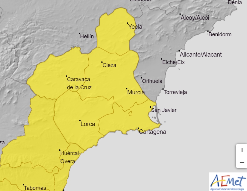 Mapa de avisos de la Agencia Estatal de Meteorología - Se reflejan los avisos amarillos de Beniel y la Vega del Segura