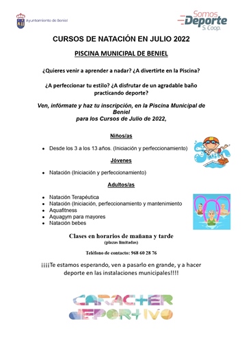 Cartel que ilustra los cursos de natación durante el mes de julio en la Piscina Municipal