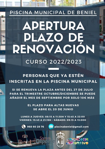 Se ha abierto el plazo de renovación de plazas de la Piscina Municipal de Beniel