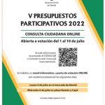 Cartel de los V presupuestos participativos, donde se indica que el 1 de julio se abre la consulta ciudadana online