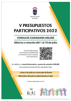 Cartel de los V presupuestos participativos, donde se indica que el 1 de julio se abre la consulta ciudadana online