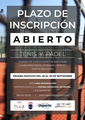 Cartel sobre clases de tenis y padel